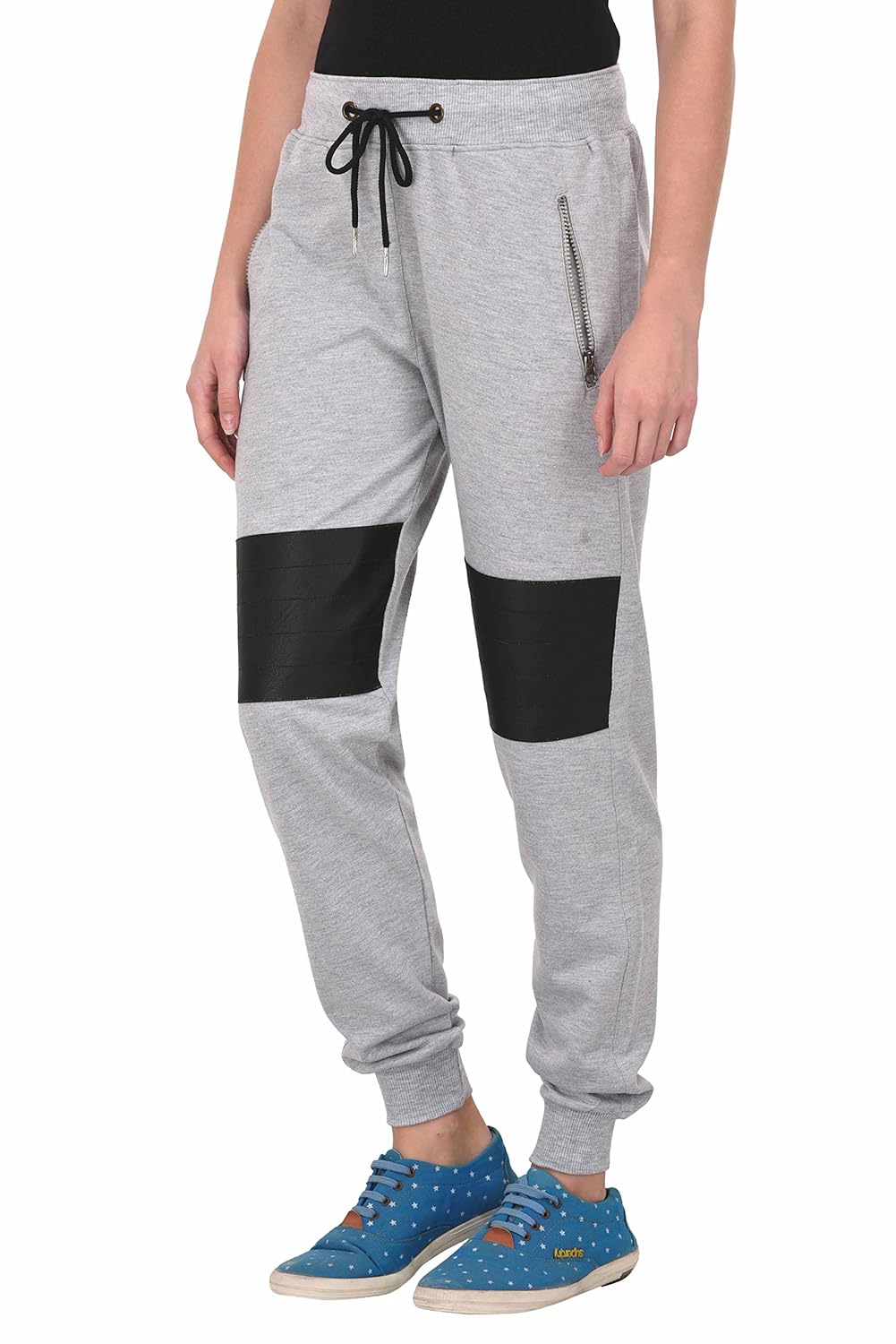 thread swag women's biker style cotton track pant with leather patch