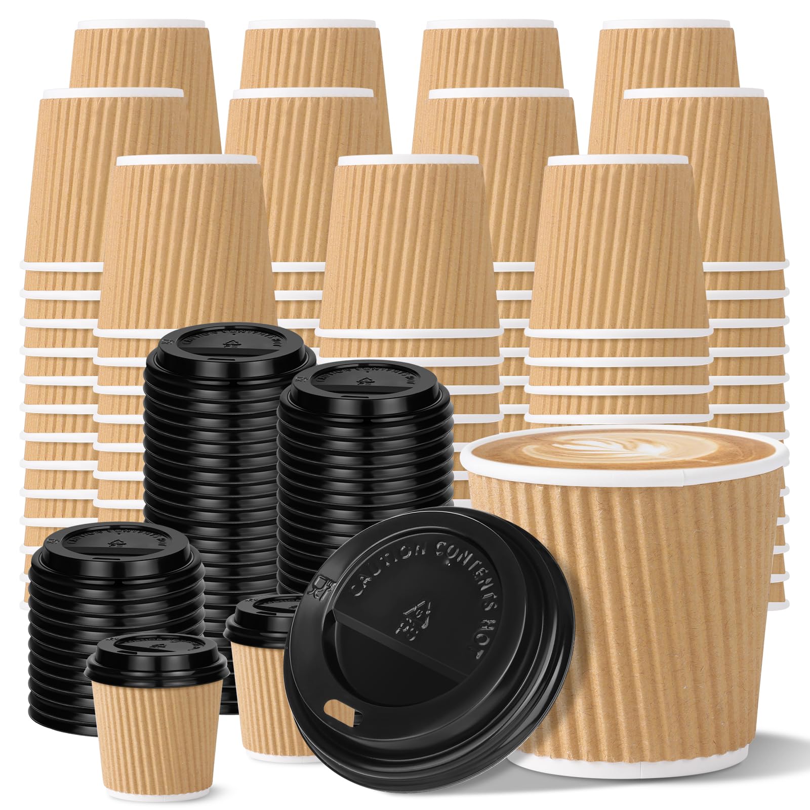 Photo 1 of 100 4oz Disposable Espresso Cups with Lids Ripple Corrugated Paper Disposable Coffee Cups Cups for Hot Chocolate, Tea, and Cocoa Drinks (Khaki)