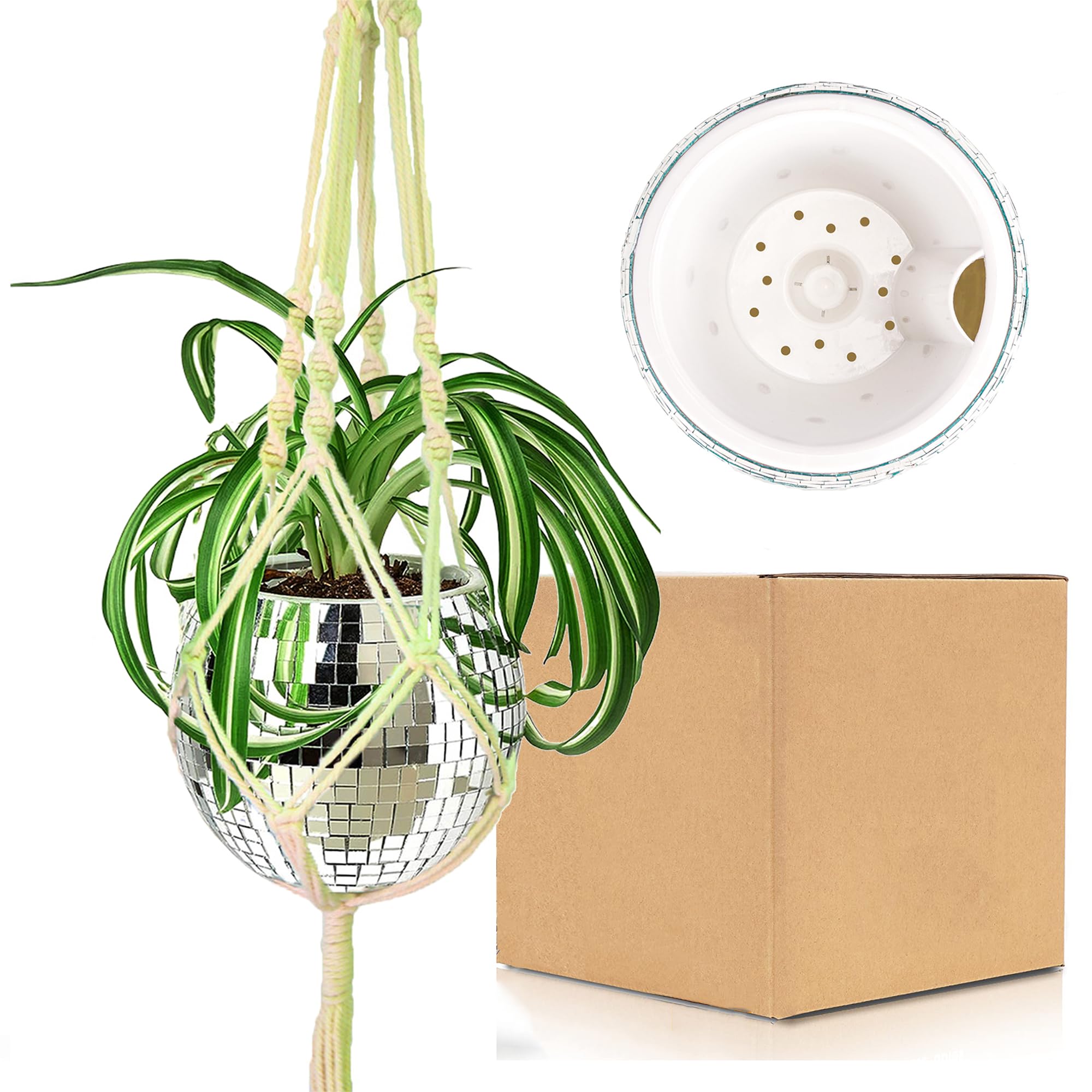 Photo 1 of 6 Inch Disco Ball Flower Pot Hanging, Disco Ball Hanging Basket Macrame Plant Holder, Self-Watering Planter with Cotton Rope, Silver Mirror Ball Plant Pot, Modern Disco Wall Decoration for Ceilings