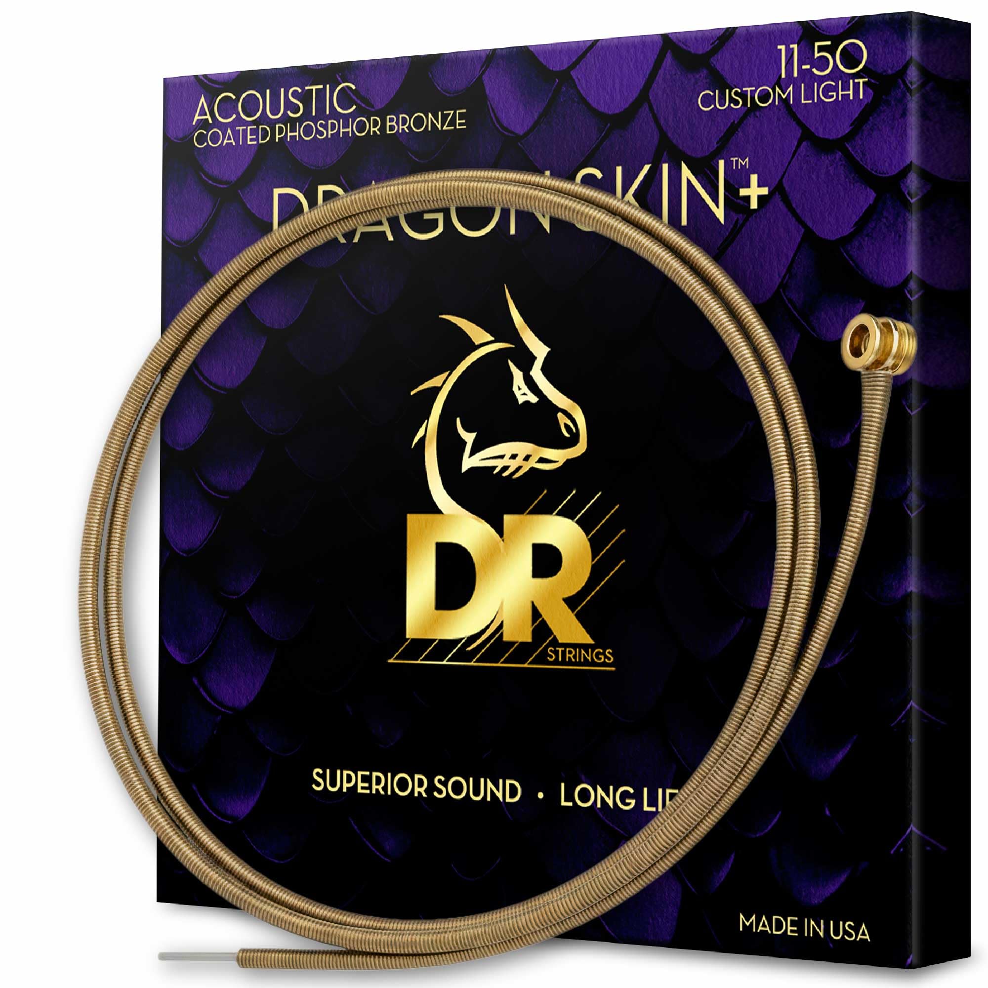 DR DAP-11 - DRAGON SKIN+™ Coated phosphor bronze acoustic guitar strings, Superior sound with pleasant feel & long lifespan, custom light 11-50