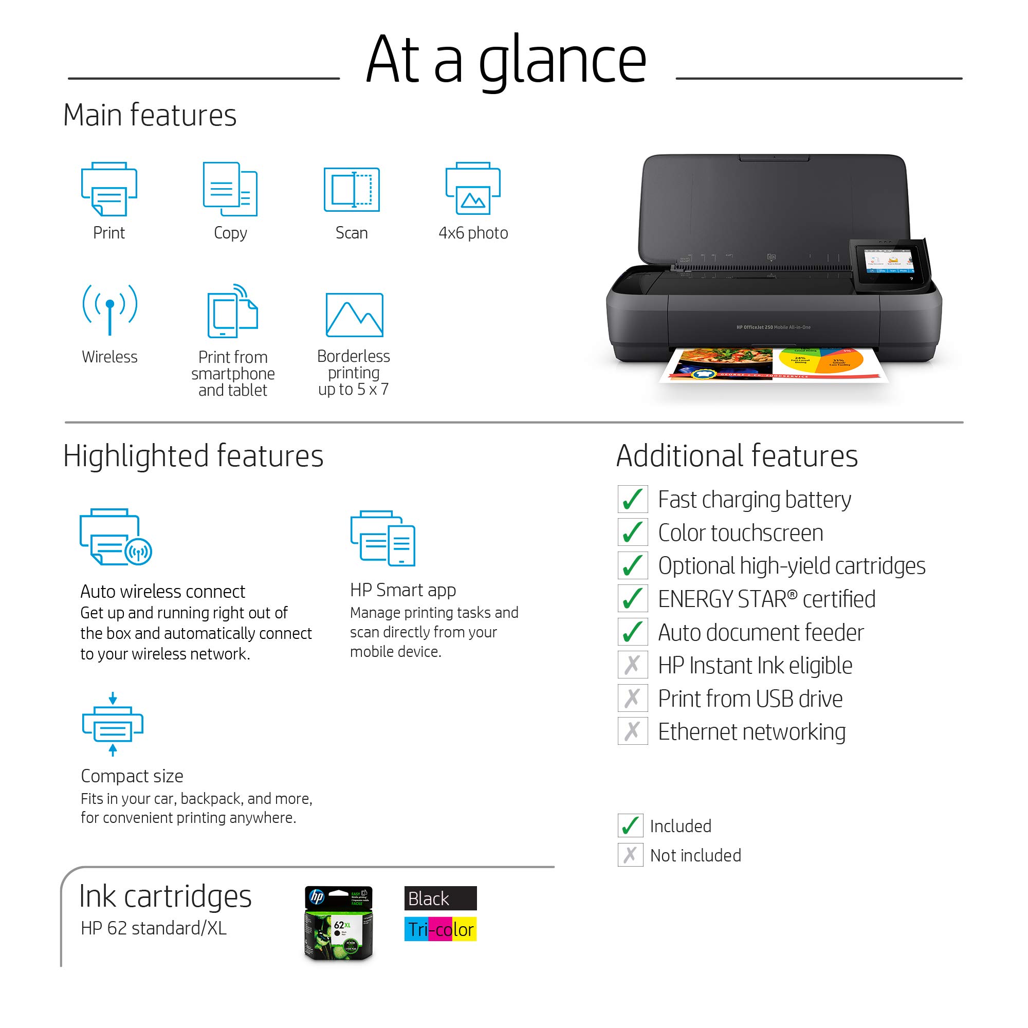 HP OfficeJet 250 All-in-One Portable Printer with Wireless & Mobile Printing (CZ992A), Black 
