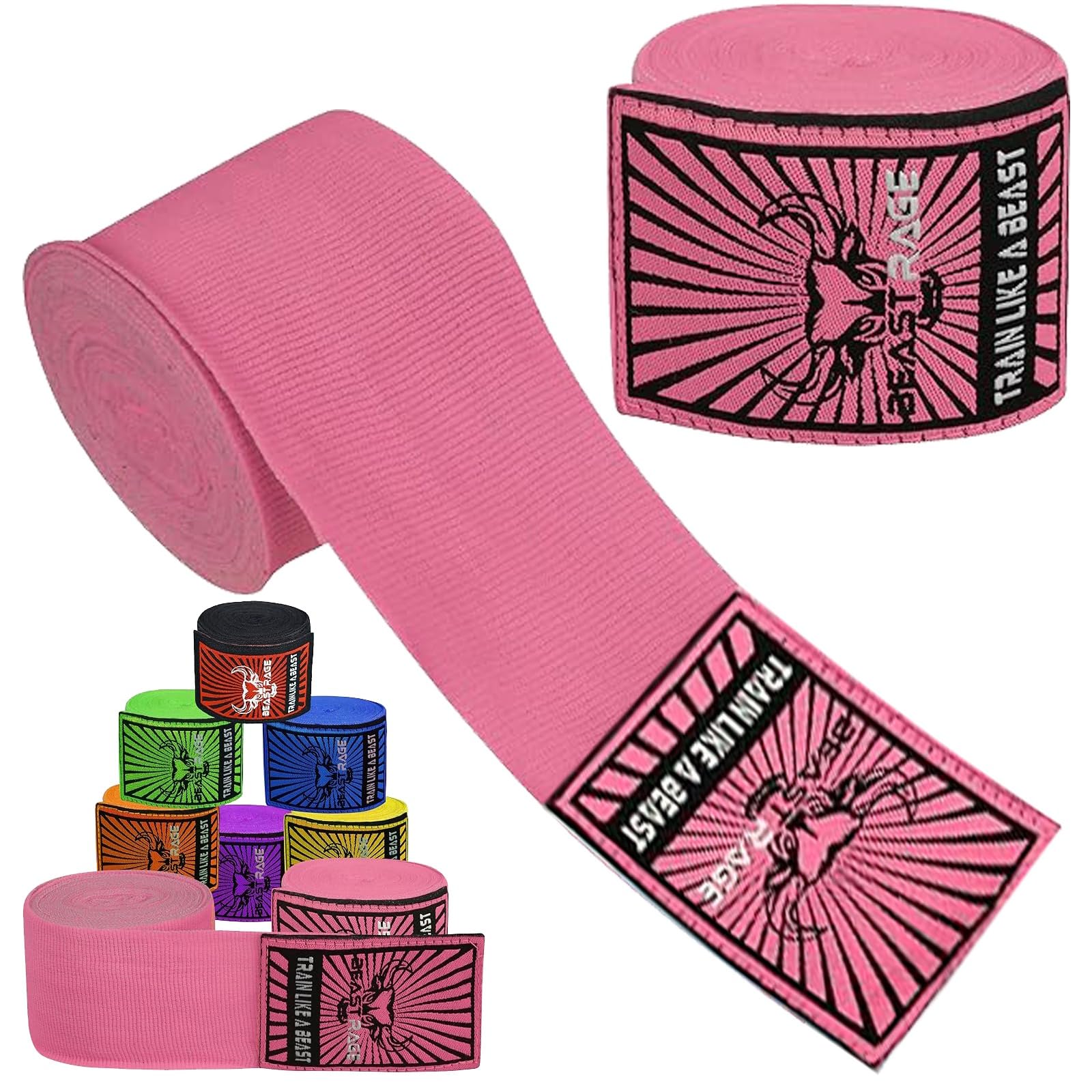 BEAST RAGE Boxing Hand Wraps Men Protection MMA Support Inner Gloves Martial Arts Training Wrapper Punching Combat Sports Muay Thai, under Mitts 4.5 Meter Elasticated Bandages (4.5 M, Pink)