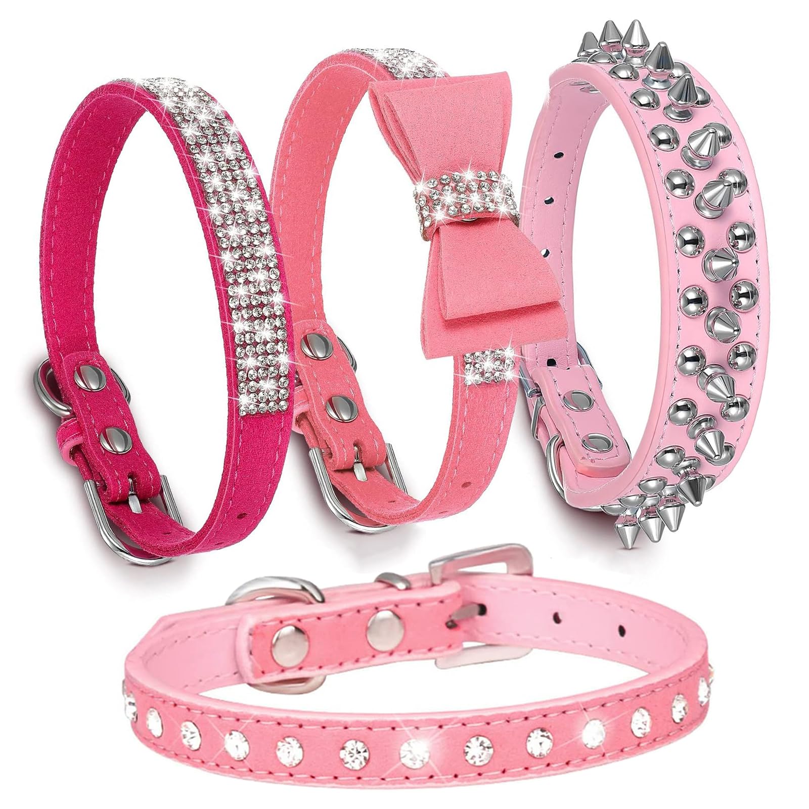 4 Pcs Dog Collar Spiked Studded Leather Dog Collar Rhinestones Dog Cat Collar Bling Diamond with Rhinestone Bow Decoration for Girl Dogs Cats Pink XS
