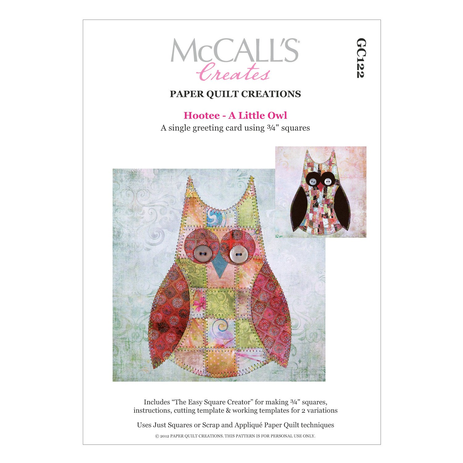 Mccall S Creates W10619 Paper Quilt Creations Craft Pattern Hootee A Little Owl Greeting Card