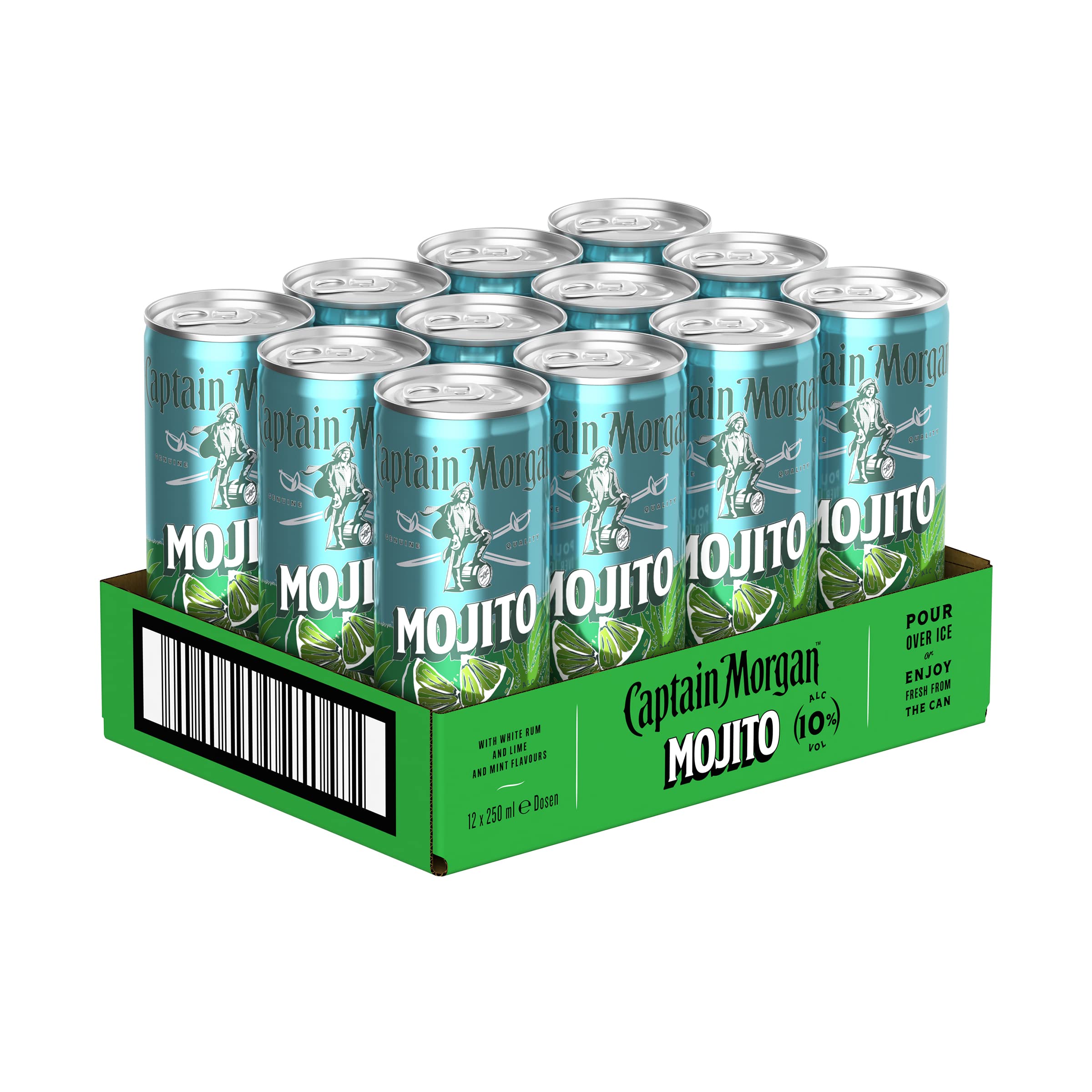 Captain Morgan White Rum Mojito, Erfrischendes Mixgetränk mit 10 Prozent Alkohol, 12 Dosen x 250 ml (EINWEG Verpackung), Weißer Rum mit Limetten- und Minzgeschmack für unterwegs