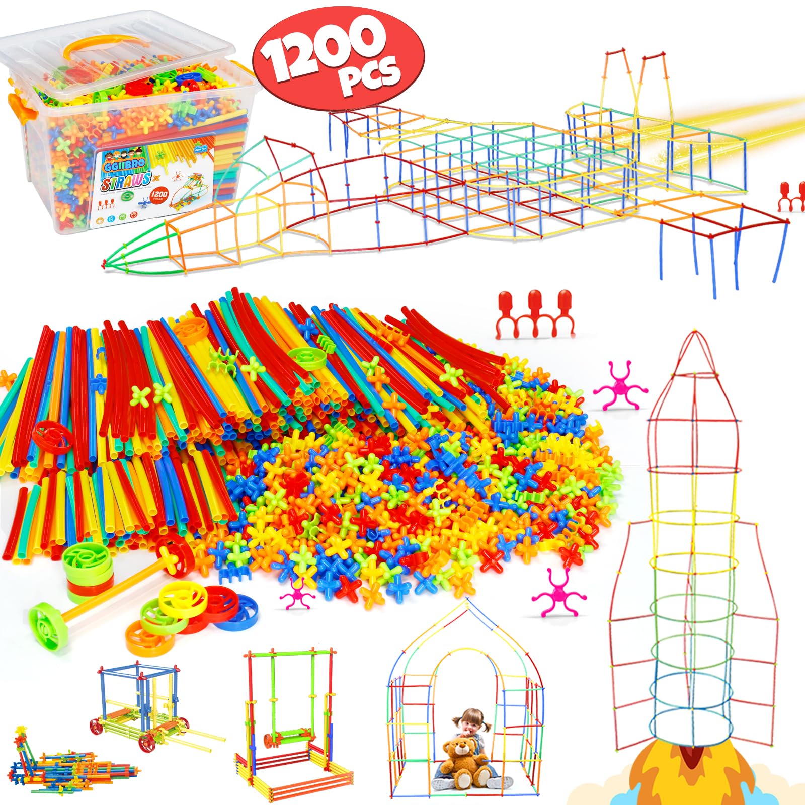 Photo 1 of Ggiibro Straw Constructor Toys STEM Building Toys 1200Pcs Toys Aged for 3 4 5 6 7 8+ Interlocking Plastic Toys Engineering Toys Thin Tube Blocks Toy Educational Toy Kit for Classroom Kids Toys Set