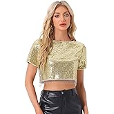 Allegra K Sequin Tops for Women's Glitter Short Sleeve Cropped Round Neck Tassel Cocktail Party Sparkly Top