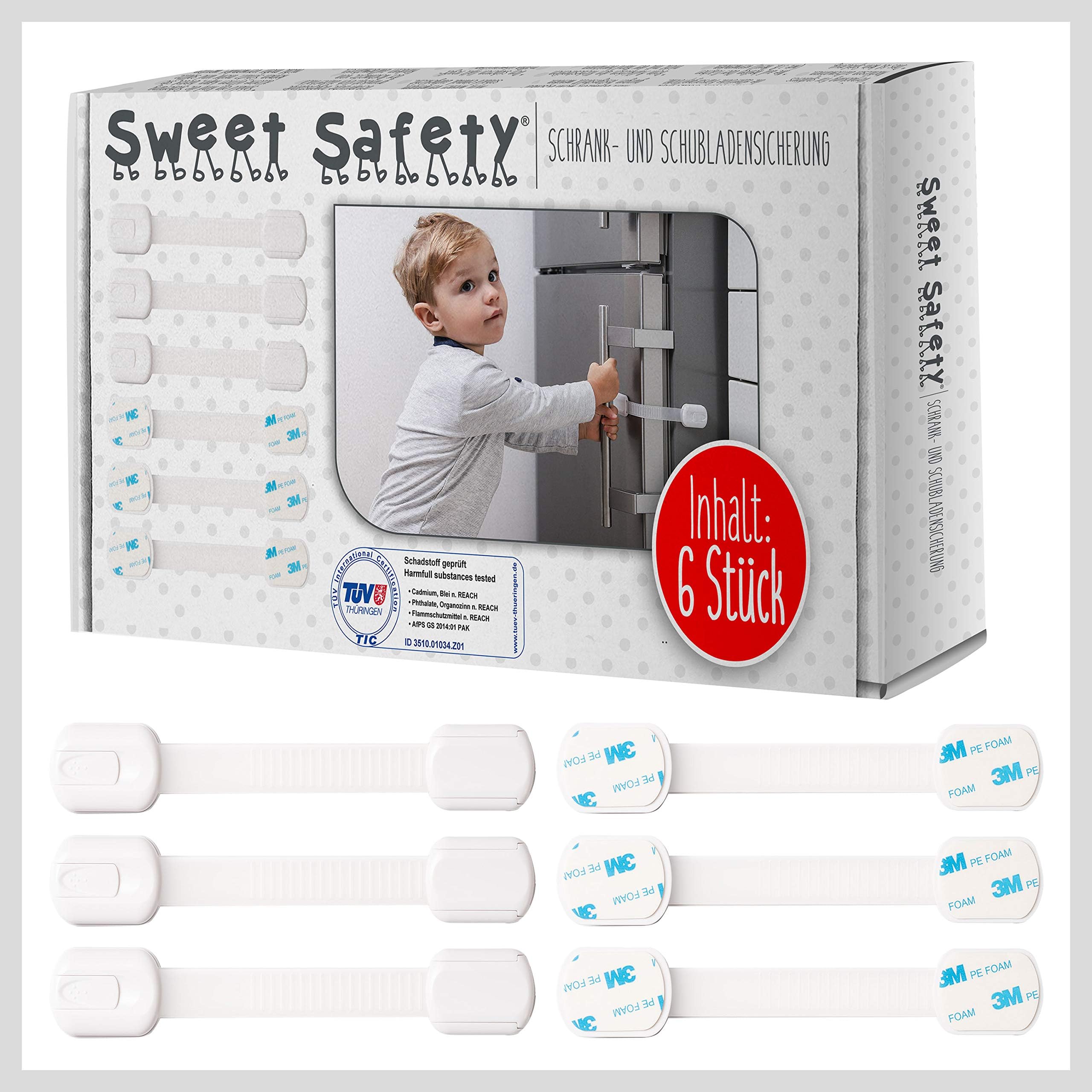 Sweet Safety® | Child Safety Locks | Pack of 6| Adhesive bonding, no Drilling | Lock for cupboards and Drawers | White