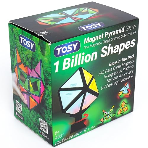 TOSY Magnet Pyramid Glow - 1 Cube Transforms into 1 Billion Shapes (Bunny, Egg, Flowers, Hearts), Easter Basket Stuffers Gift, 12 pcs, 243 Magnets, Glowing, Holographic Design, Puzzle/STEM Toy