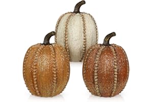 Hollyone Pumpkins Fall Decoration, 3 Pack Resin Pumpkins for Decorating Fake Pumpkin Autumn Rustic Decor for Home Thanksgiving Harvest Halloween Wedding Table Centerpiece Shelf Indoor Outdoor Decor