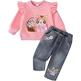 Toddler Baby Girl Clothes Infant Sweatshirt Fall Winter Long Sleeve Ruffled Cartoon Outfit Jeans Pants Set 1-5 Years