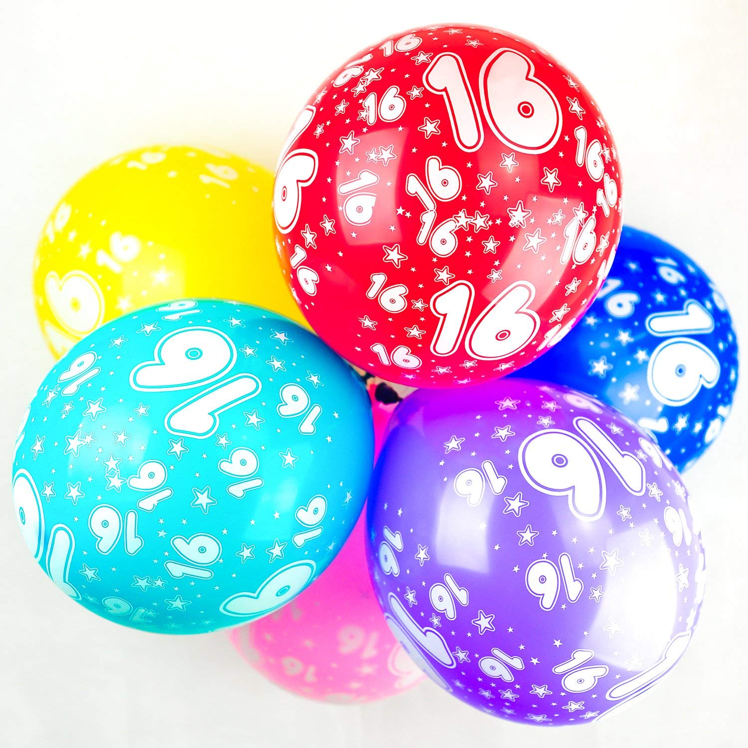 Happium 16th Birthday Balloons, 12" Multicoloured Numbers Printed Latex Age Balloons, Digit 16 for Girls Boys 16 Year Old Decorations, 16th Anniversary Party (Pack of 10)