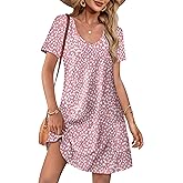 OFEEFAN Summer Dresses for Women 2025 Loose V Neck Short Sleeve Casual T Shirt Dress Sundresses Swimsuit Coverup with Pockets
