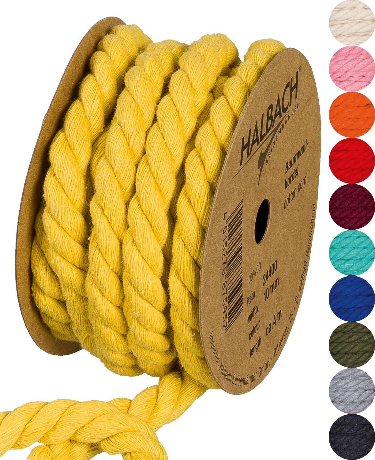Halbach Seidenbänder Recycled Cotton Cord, Width: 10 mm/Length 4 Metres, Sustainable Cotton Yarn for Macrame, Natural Cord for Crafts, Colour: Honey Yellow