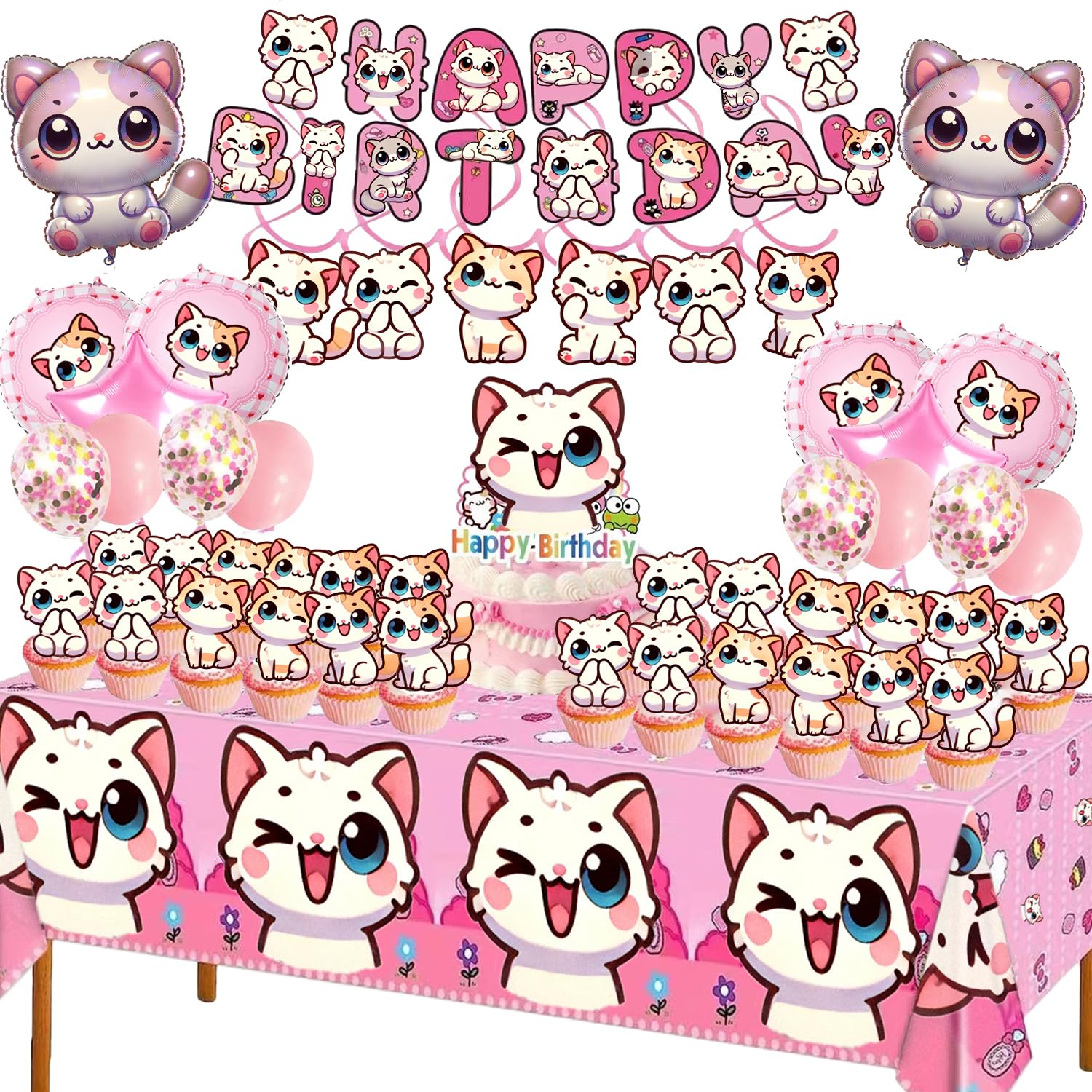 Photo 1 of Cute kitten Birthday Decorations, Party Supplies Set Include Banner, kitten Balloons, Hanging Swirls, Cake Cupcake Toppers, Tablecloth for Kids Theme Party
