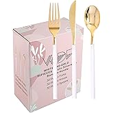 WDF 90Pieces Gold Plastic Silverware-Gold Plastic Cutlery with White Handle- Heavy Duty Silverware Include 30Forks, 30 Spoons, 30 Knives for Parties Valentine's Day