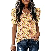 IECCP Women V Neck T Shirts Puff Short Sleeve Tops Fashion Dressy Casual Tunic Loose Fit Blouses