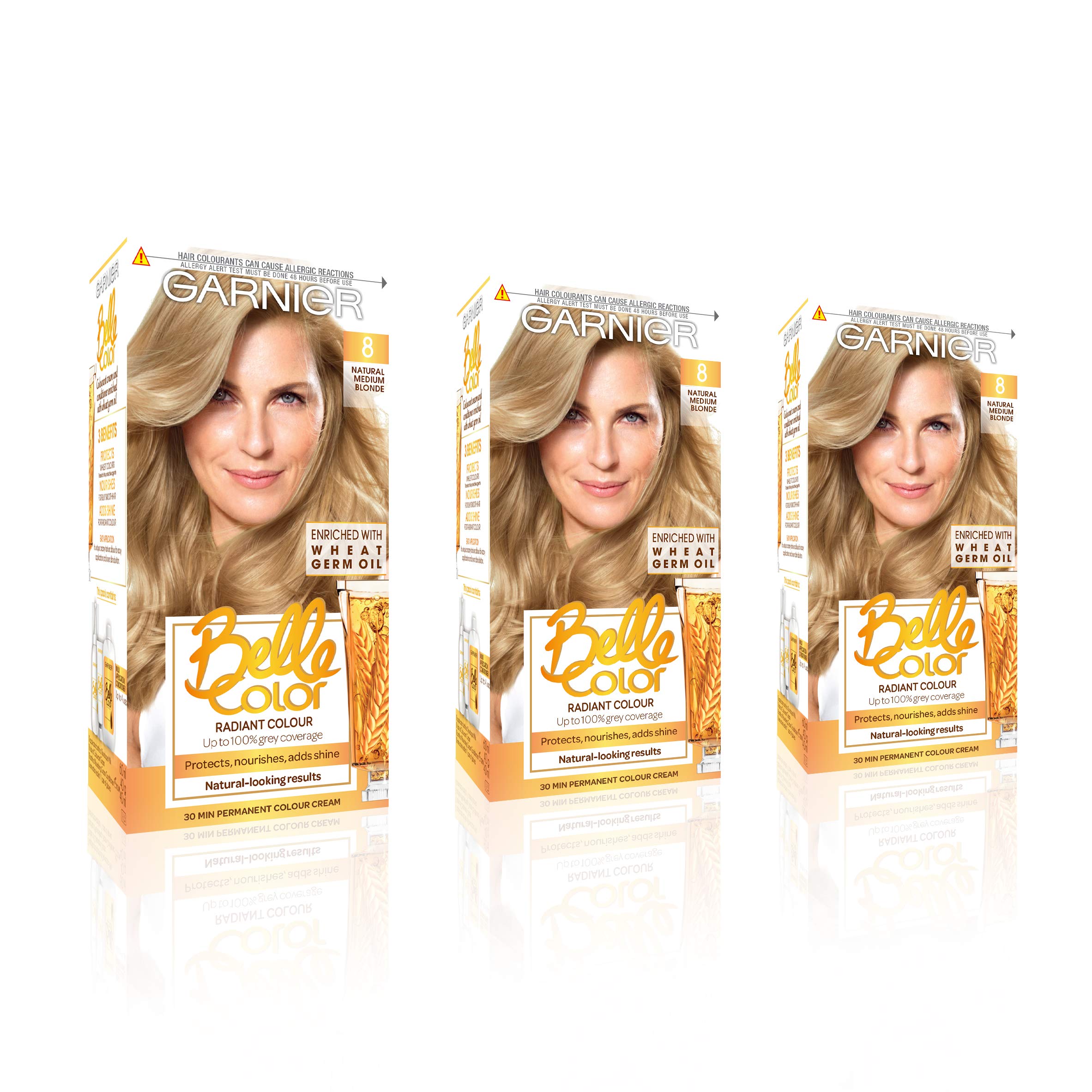 Garnier Belle Color Blonde Hair Dye Permanent, Natural Looking Hair Colour, Up To 100% Grey Coverage - 8 Natural Medium Blonde Pack Of 3