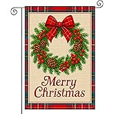 HOMETITUTE Merry Christmas Garden Flag Double Sided 12x18 Inch Burlap Christmas Wreath Garden Flag Red Bow Pinecones Plaid Border Seasonal Holiday Flags for Patio Lawn Decoration