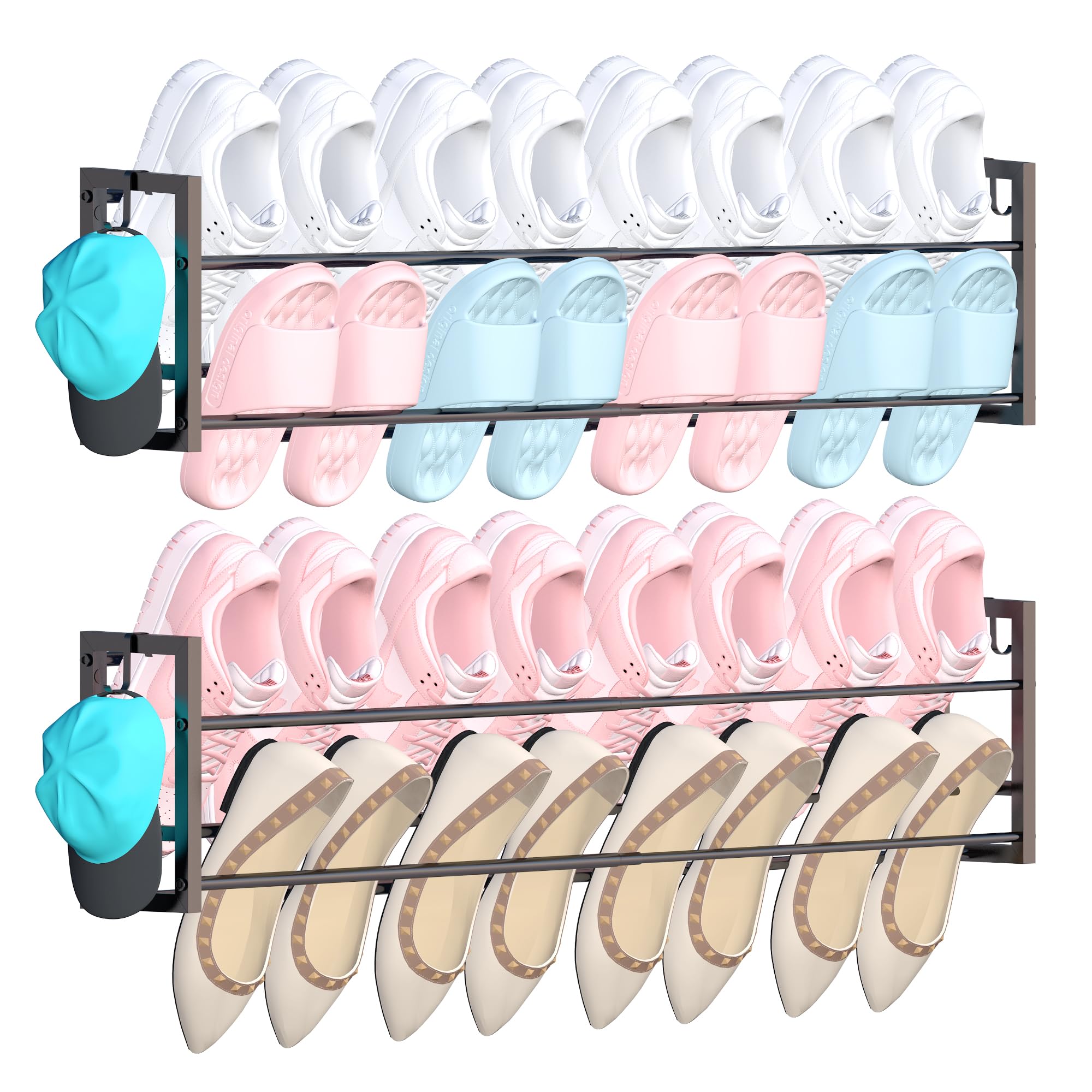 Photo 1 of 2 Pack Wall Mounted Shoe Rack for Narrow Spaces, Hanging Shoe Rack Holds 16 Pairs, 17"-30"Adjustable Heavy Duty Wall Shoe Storage with 4 Storage Hooks, Space Saving for Closet Entryway Door, Black