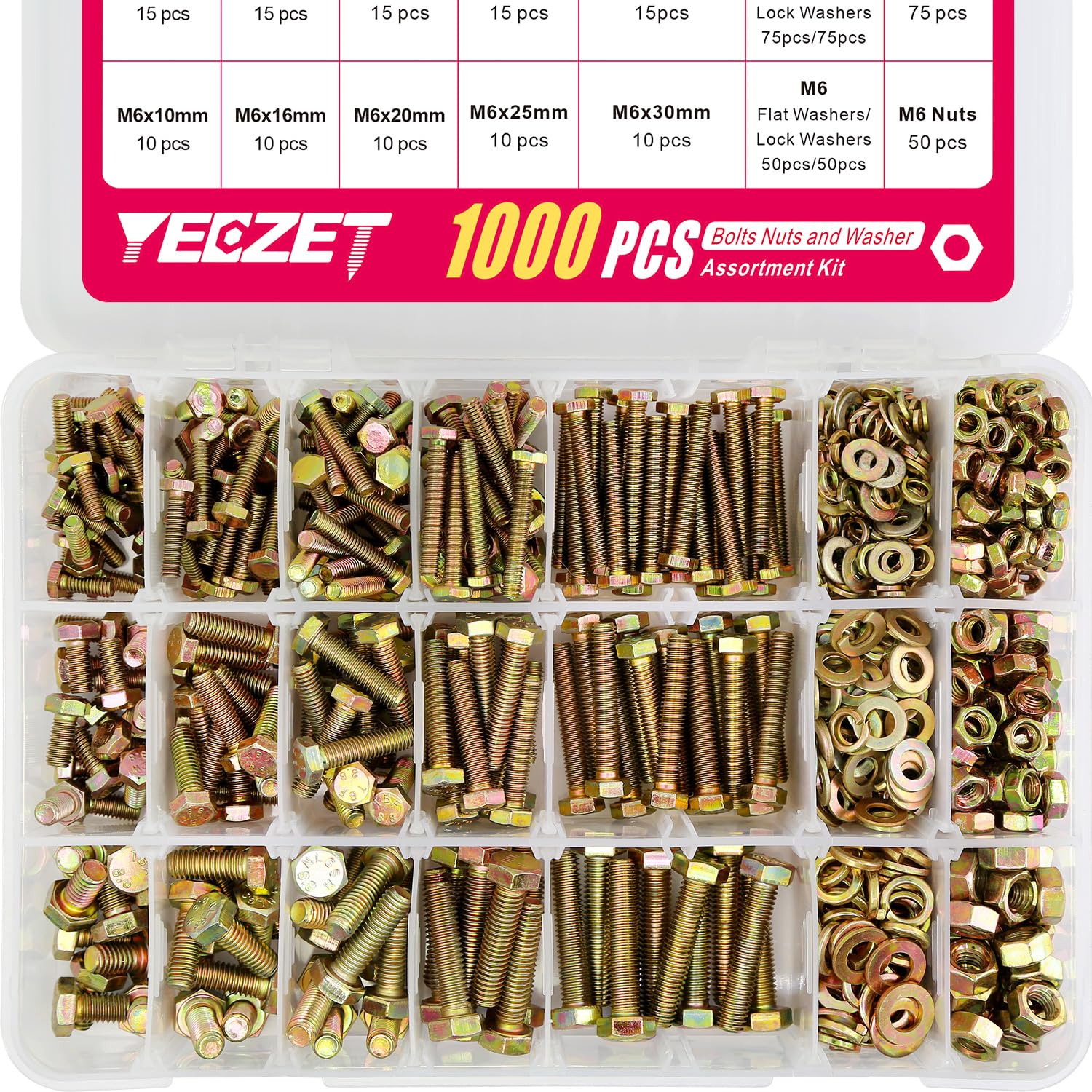 YEEZET 1000pcs Grade 8.8 Bolts and Nuts Washers Assortment Kit, M4 M5 M6 Metric Bolt Assortment Set, 15 Most Common Sizes, 10-40mm
