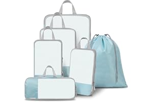 WOOMADA Compression Packing Cubes for Suitcases Travel Essentials 6 Set Mesh Expandable Travel Bags Organizer for Luggage(6pcs-turquoise)