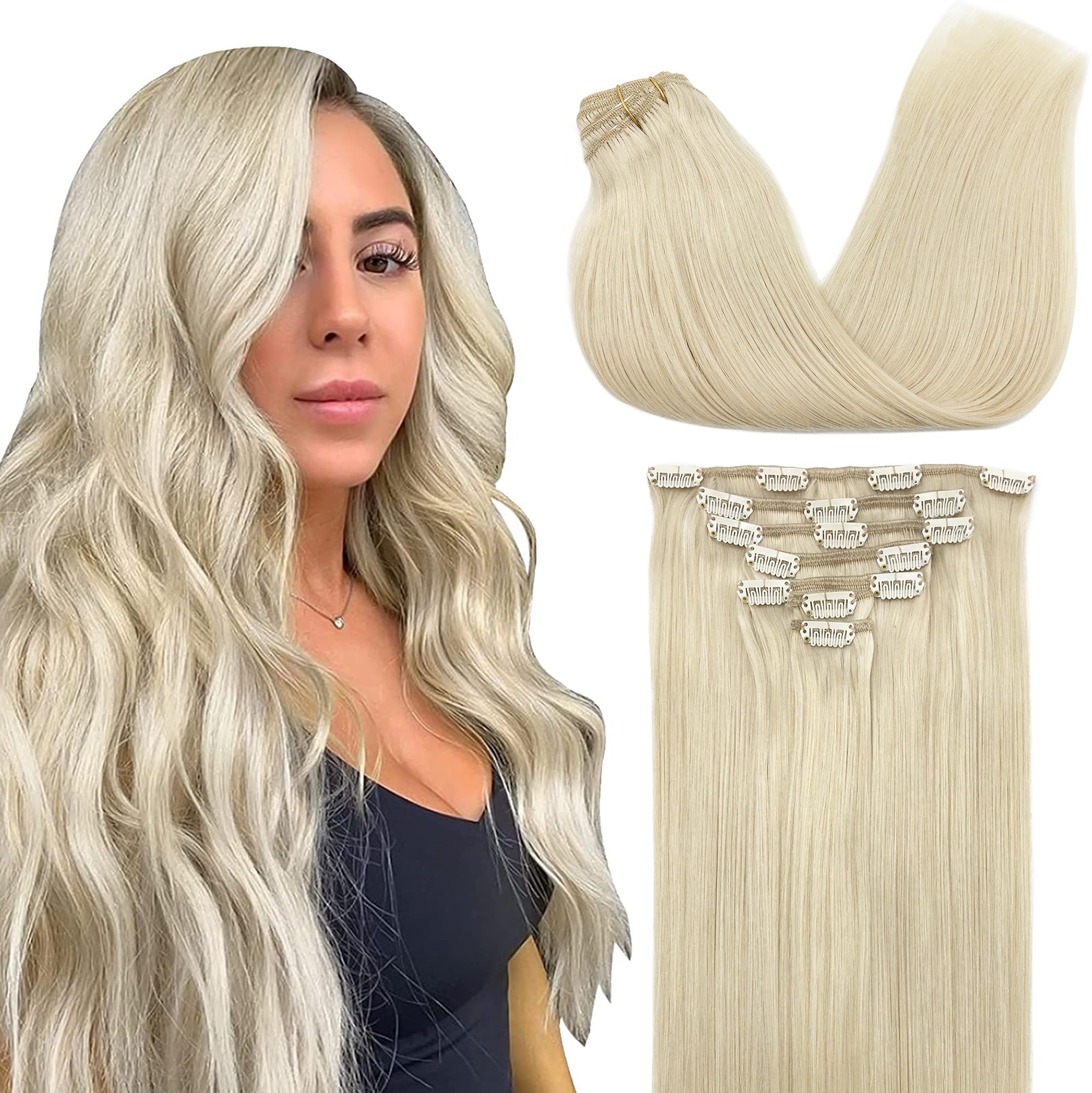 GOO GOO Clip in Human Hair Extensions, 16inch 120g 7pcs, Hair Extensions Clip in, 60A Platinum Blonde