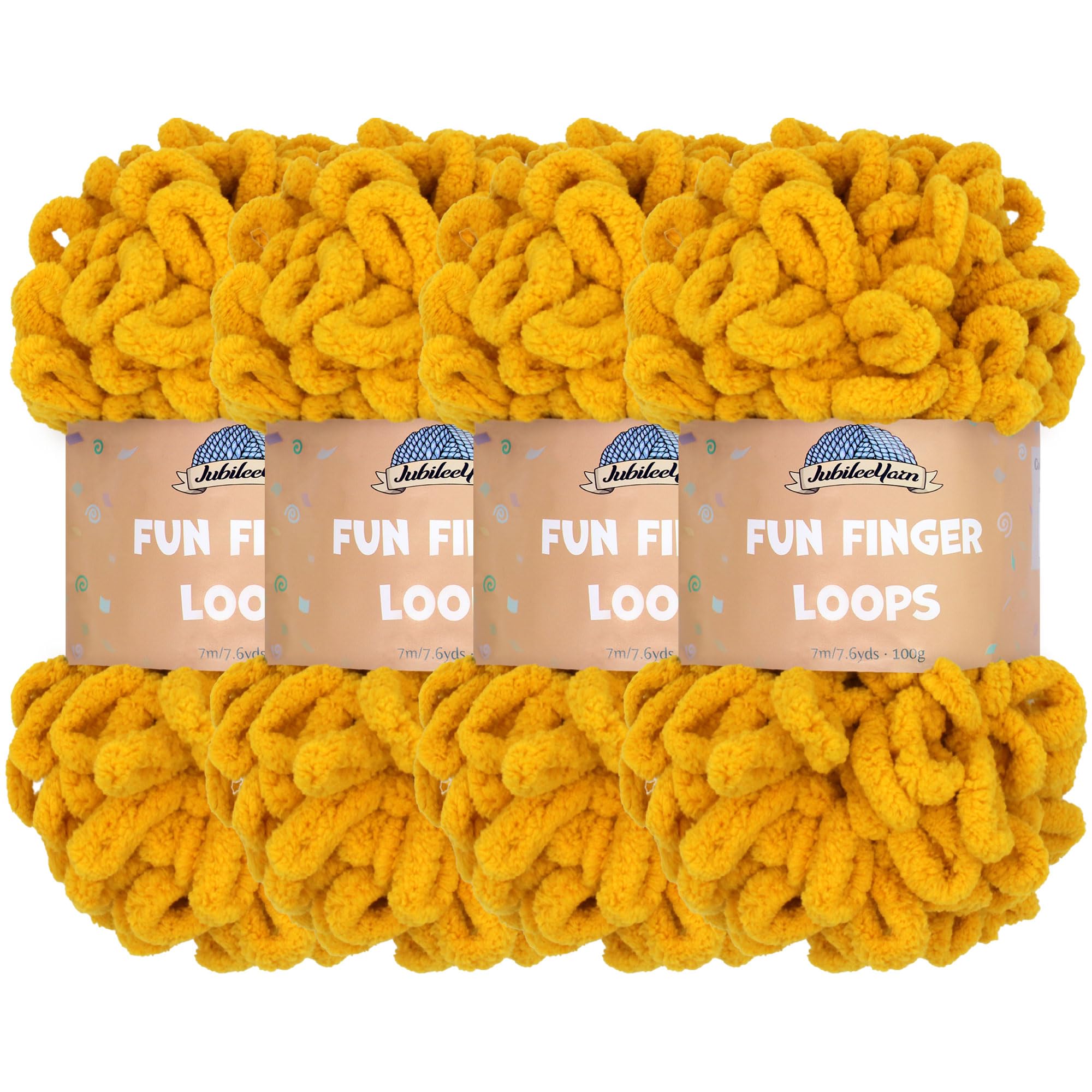 JubileeYarn Fun Finger Loops Yarn - Polyester Jumbo Weight Loop Yarn - 100g/Skein - Mustard - 4 Skeins