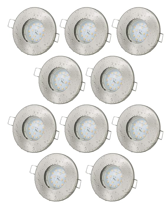 10er Set Einbaustrahler IP65 Edelstahl gebürstet Bad Dusche GU10 5Watt LED Leuchtmittel 3000Kelvin warm-weiß 430Lumen Leuchtm