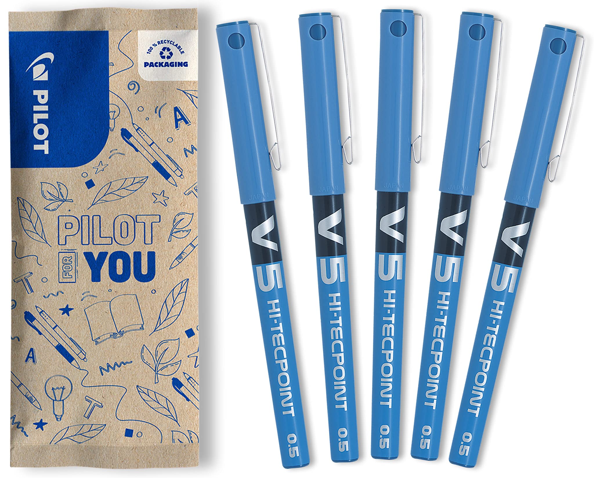 Pilot Hi-Tecpoint V5 Rollerball Pens - Fine Pens with Liquid Ink, 0.5mm Tip for Precise Writing, Quick Drying, Leak-Proof - Set of 5 Blue - Indelible