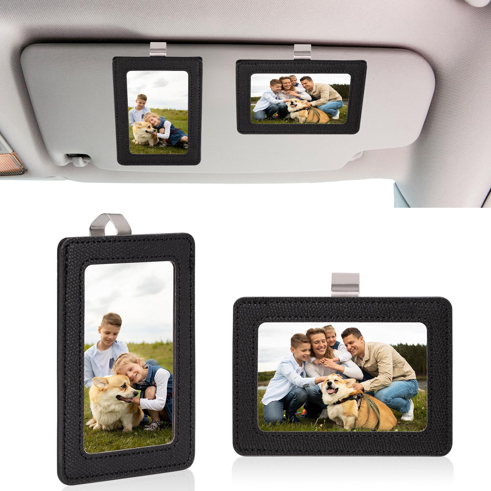 Photo 1 of 2 Pack Car Picture Frame Visor Clip Leather Sun Visor Photo Clip Holder Personalized Car Picture Holder Display Visor Photo Frame Vertical Horizontal fit 2.36"x3.54" Photo Mini Instant Film