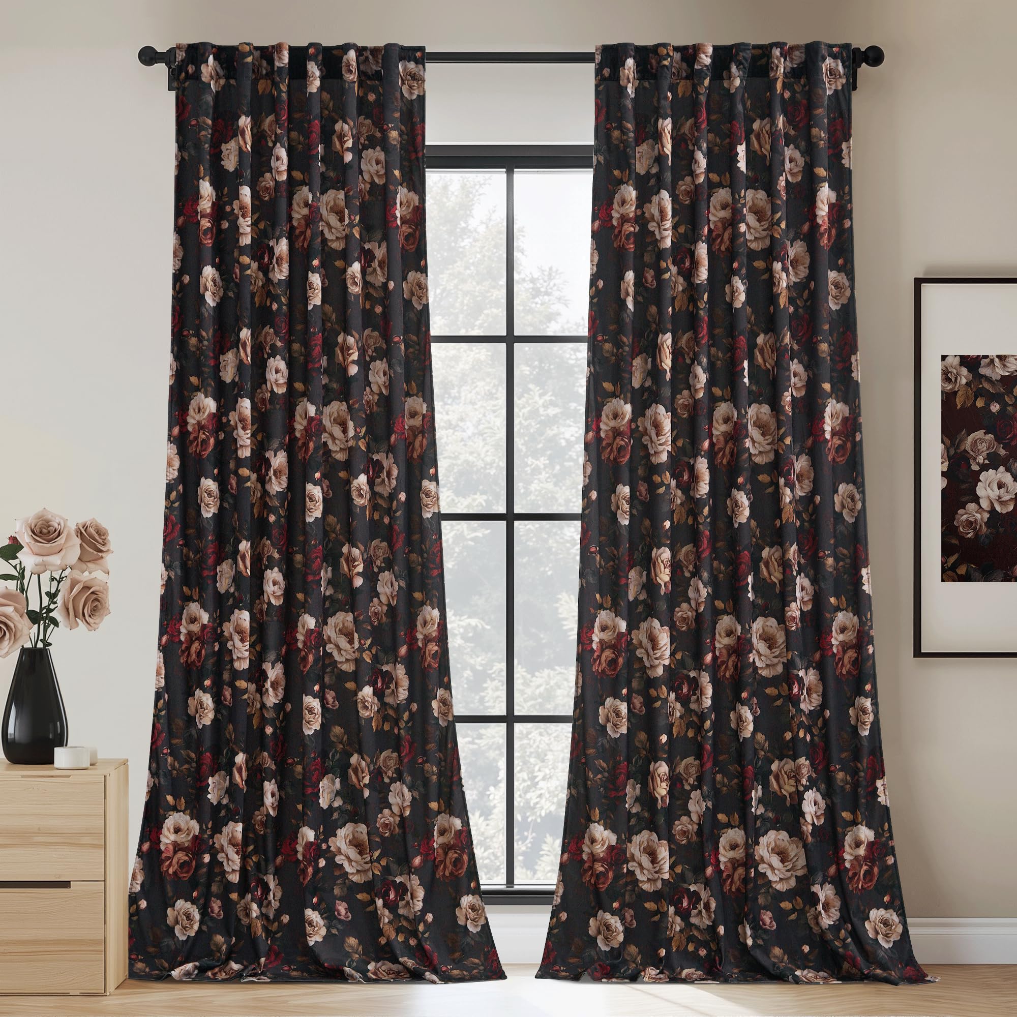 Photo 1 of StangH Floral Black Curtains 84 inches Long, Luxury Velvet Bedroom Drapes with Printed Blossom Romantic Decorative Patterned Window Treatments for Sliding Door, W52 x L84, 2 Panels