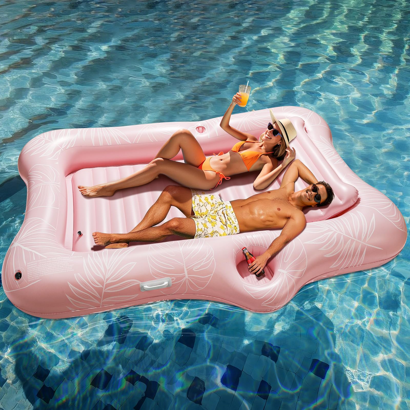 Photo 1 of HeySplash Inflatable Pool Float Lounge, Large Inflatable Pool Floats Boat for Adults with Cup Holder & Detachable Pillow, Tanning Pool Lounger Float for Outdoor Lake River Summer Water Party,Pink Leaf