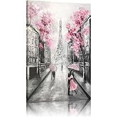 YPY Abstract Paris Canvas Wall Art, Pink and Grey Bedroom Bathroom Decor | Room Decor for Teen Girls, Black White Artwork, Eiffel Tower Picture Print Painting, 10"x15"