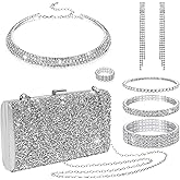 GIFIKOI 7Pcs Silvery Clutch Purse Jewelry Set for Women Bride Wedding Tennis Stretch Bracelets Ring Earrings Shiny Silvery CZ Accessories Set for Evening Party
