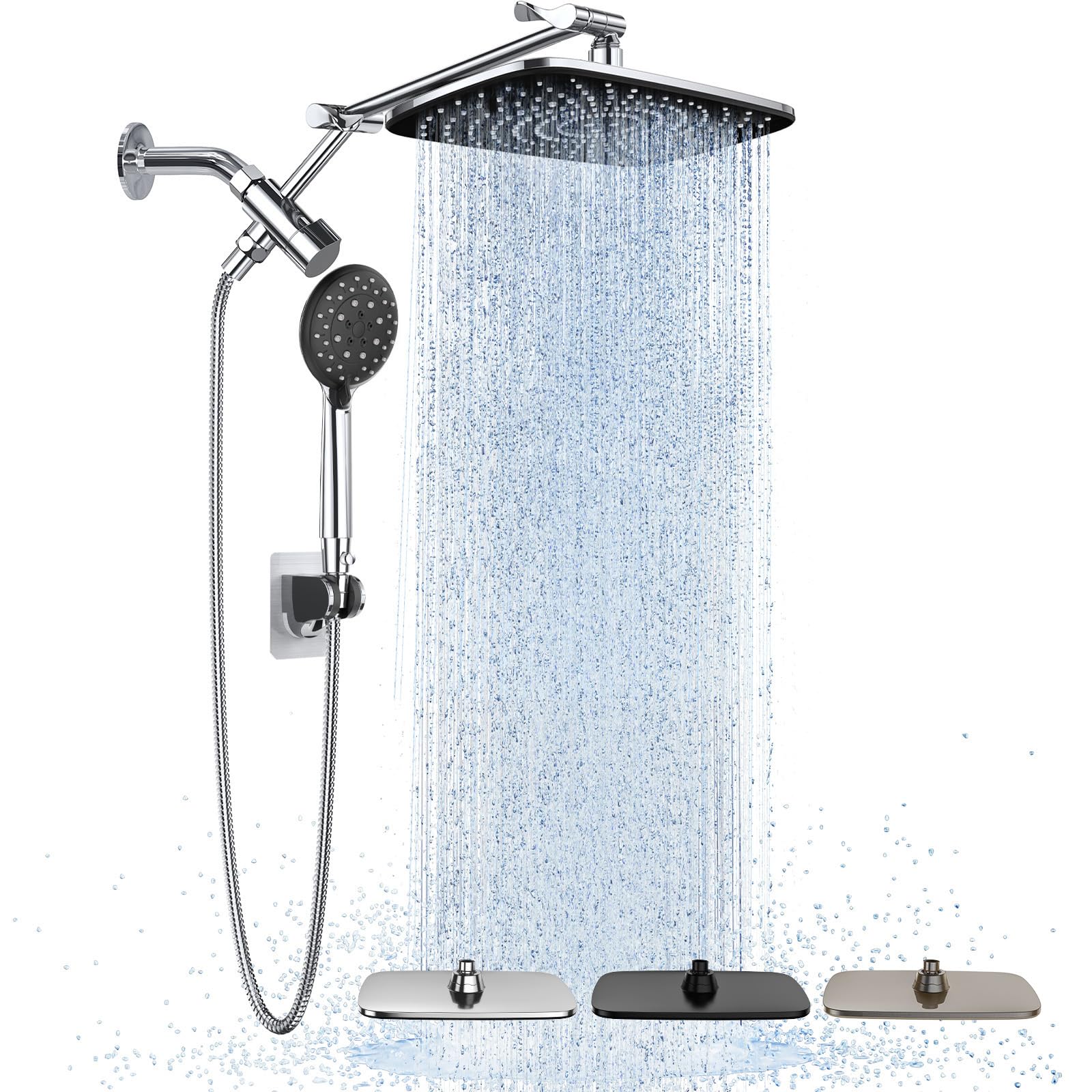 Photo 1 of Veken Wide Rain Shower Head with Handheld, High Pressure Rainfall Showerhead Combo with Arm for Bathroom Accessories, Home Decor, Detachable Dual Shower with Multi Modes Handheld Spray, Silver Chrome