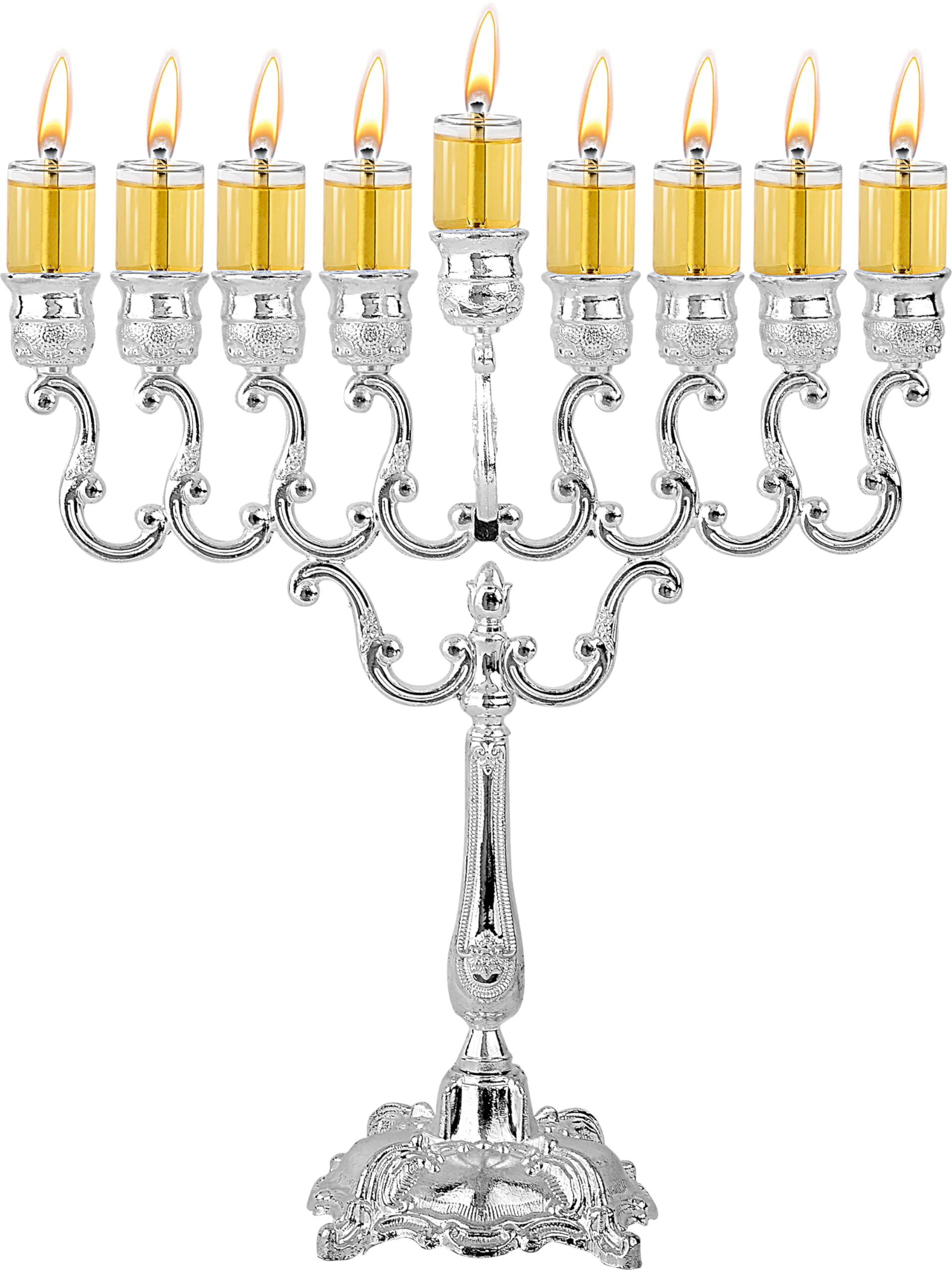 Silver Plated Oil Menorah - Fits Standard Chanukah Oil Cups and Large Candles - Olive Branches - 23 cm x 25 cm - by Ner Mitzvah