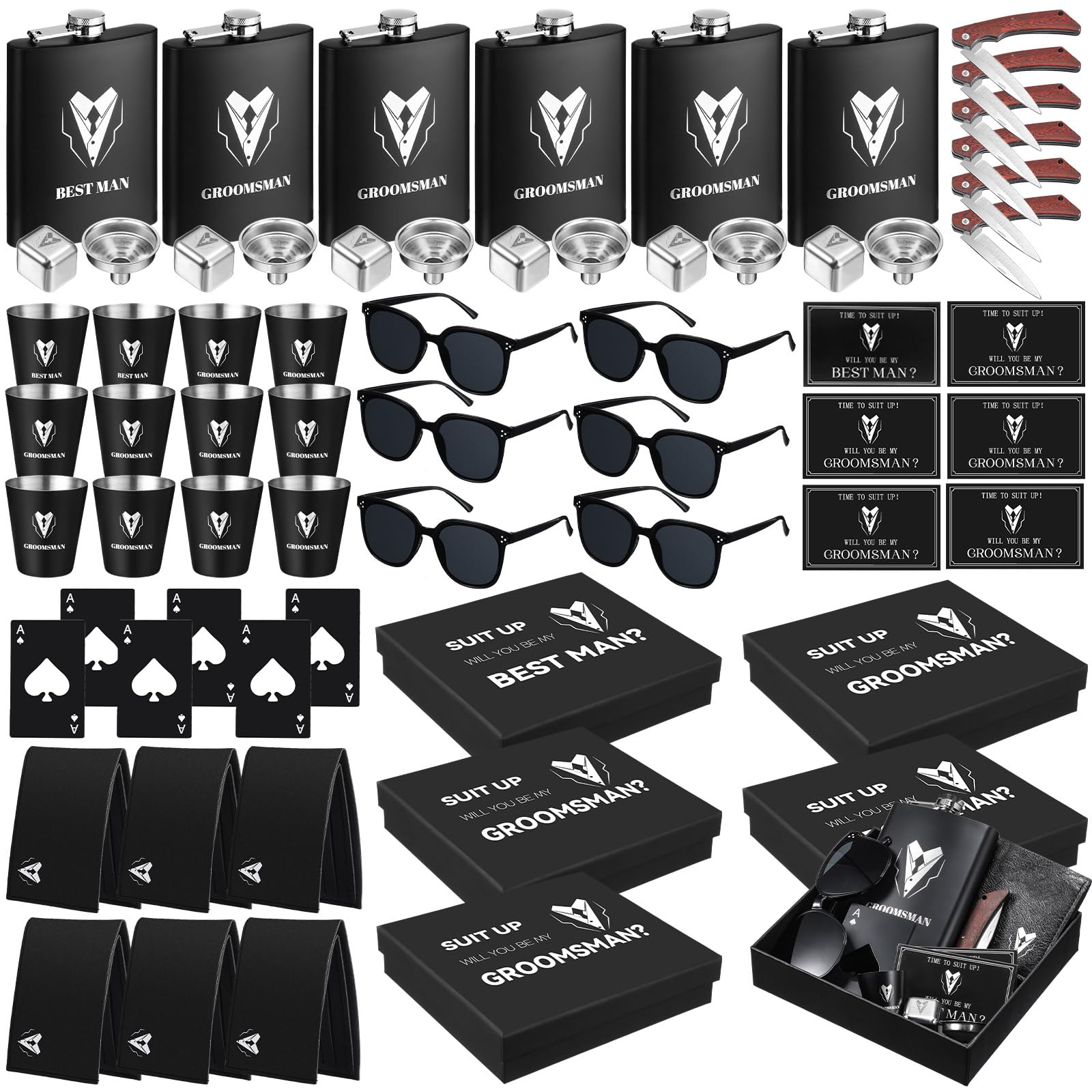 Photo 1 of Mimorou 66 Pcs Groomsmen Proposal Gifts - Shot Glasses, Stainless Steel Ice, Flask, Funnel, Gift Boxes, Sunglasses, Knives, Bottle Opener, Cards, Wallets for Wedding Groomsmen Present Set
