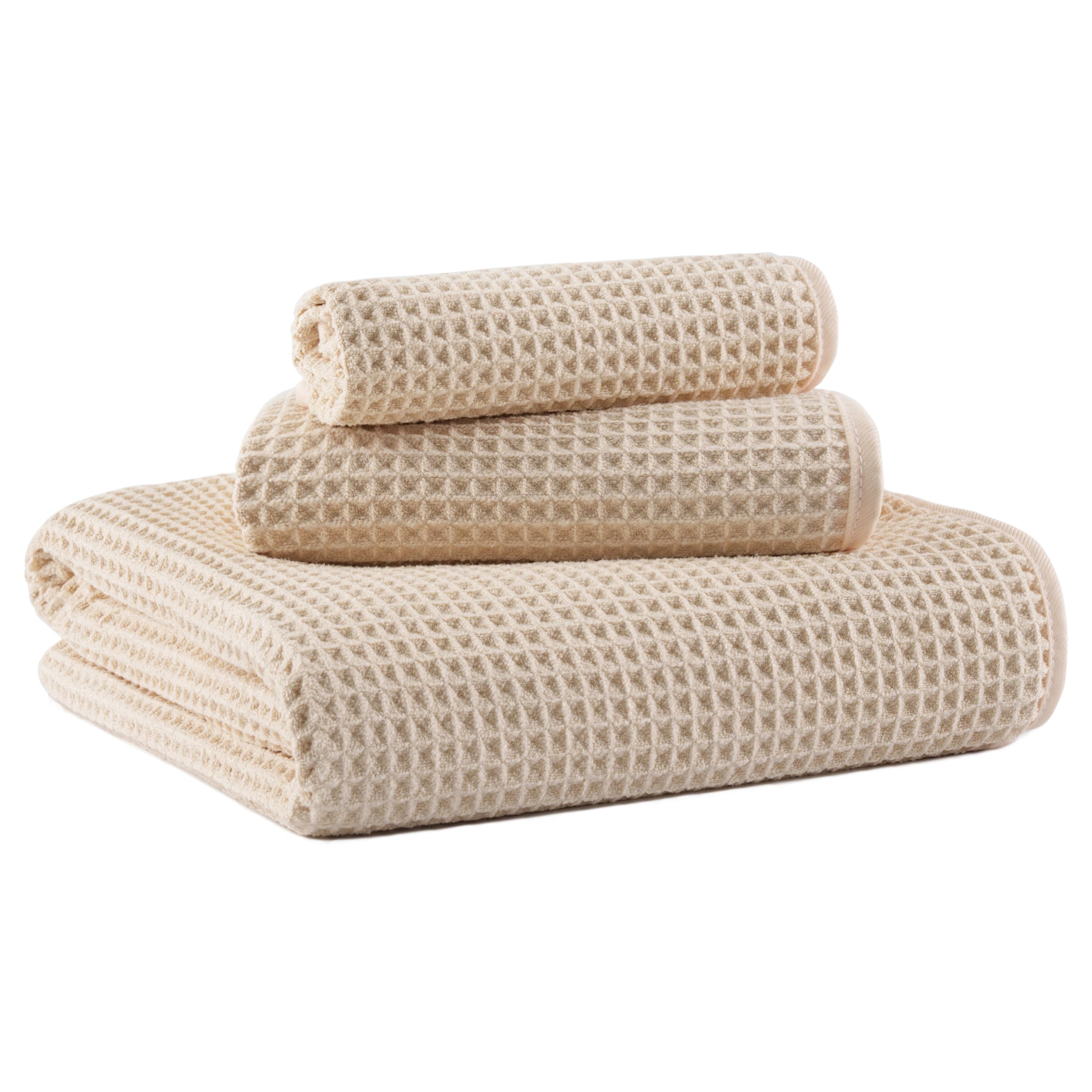 MICROFI New Microfiber Waffle Bath Towels, 3 Pieces, Oversized, Soft, Absorbent, Fast Drying, Lint Free, Includes Bath, Face and Hand Towels 430 GSM (Champagne)