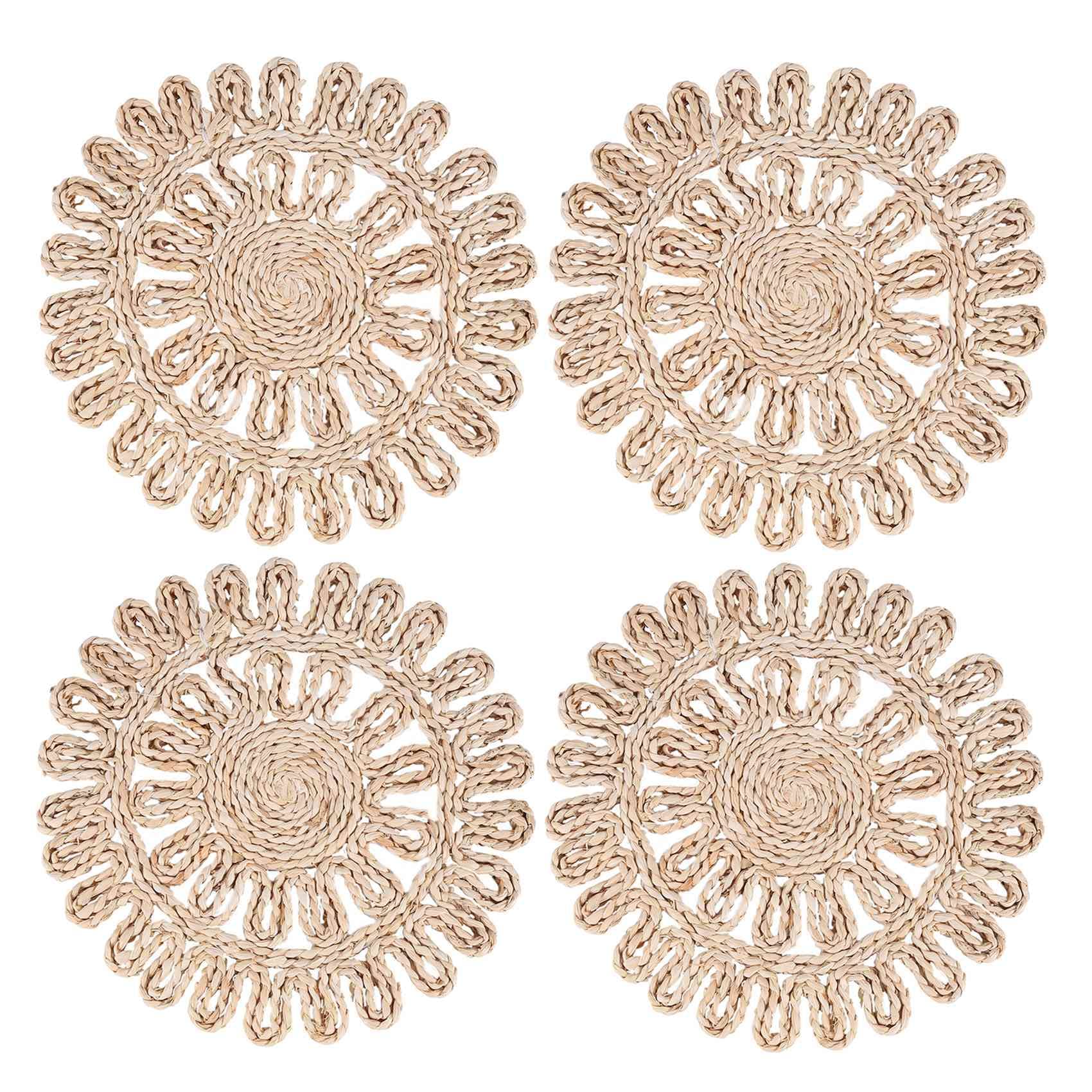 Hopbucan Round Woven Placemat for Dining Table,Natural Braided Rattan Tablemat Hollow Wicker Plates for Holiday Kitchen Table Mat