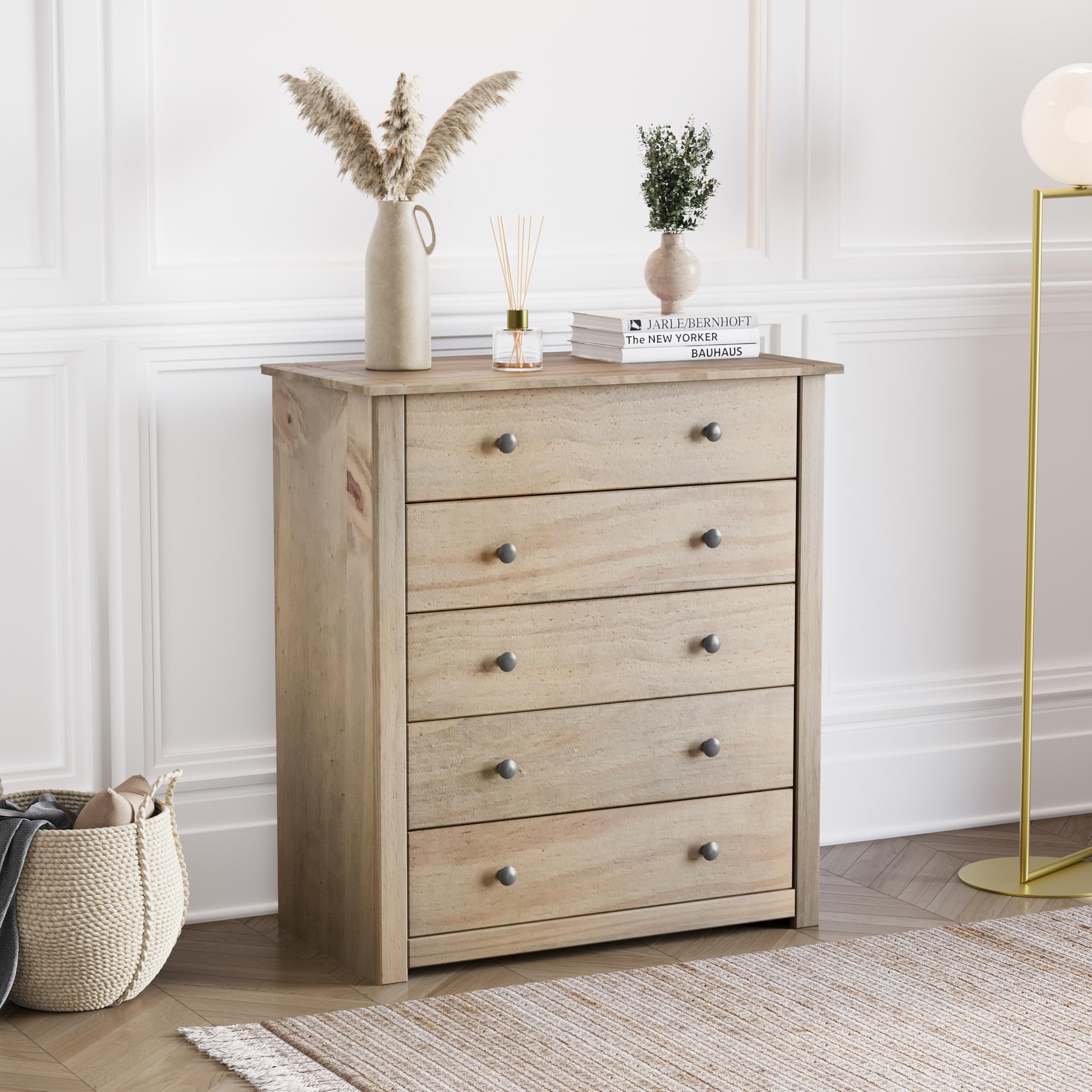 Vida Designs Panama 5 Drawer Chest Solid Pine Wood Waxed Oak Finish