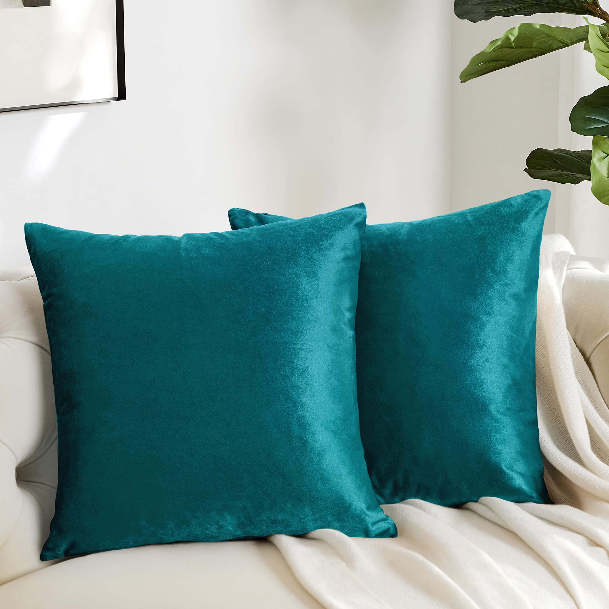 Photo 1 of GIGIZAZA Decorative Throw Pillow Covers 18 x 18,Set of 2 Sofa Cushion Teal Peacock Green Pillow Covers,Velvet Pillow Square Cushion Covers