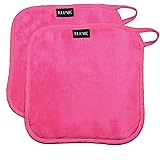 ELUME Makeup Remover Cloths Remove Cosmetics, Dirt, Oil, Sunscreen, Facial Masks, Soft on Face, Eyes, Lips Removing Makeup and Cleansing Skin, Set of 2 Pink Towels with Loop to Hang Dry 8” x 8”