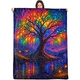 WKEDIN Rainbow Fantasy Tree of Life Blanket,50x60in,Cozy Flannel Throw with Glowing Fantasy Night Scene Design,Soft Lightweight Gifts Blankets for Women,Sofa Bed Travel Enchanted Decor