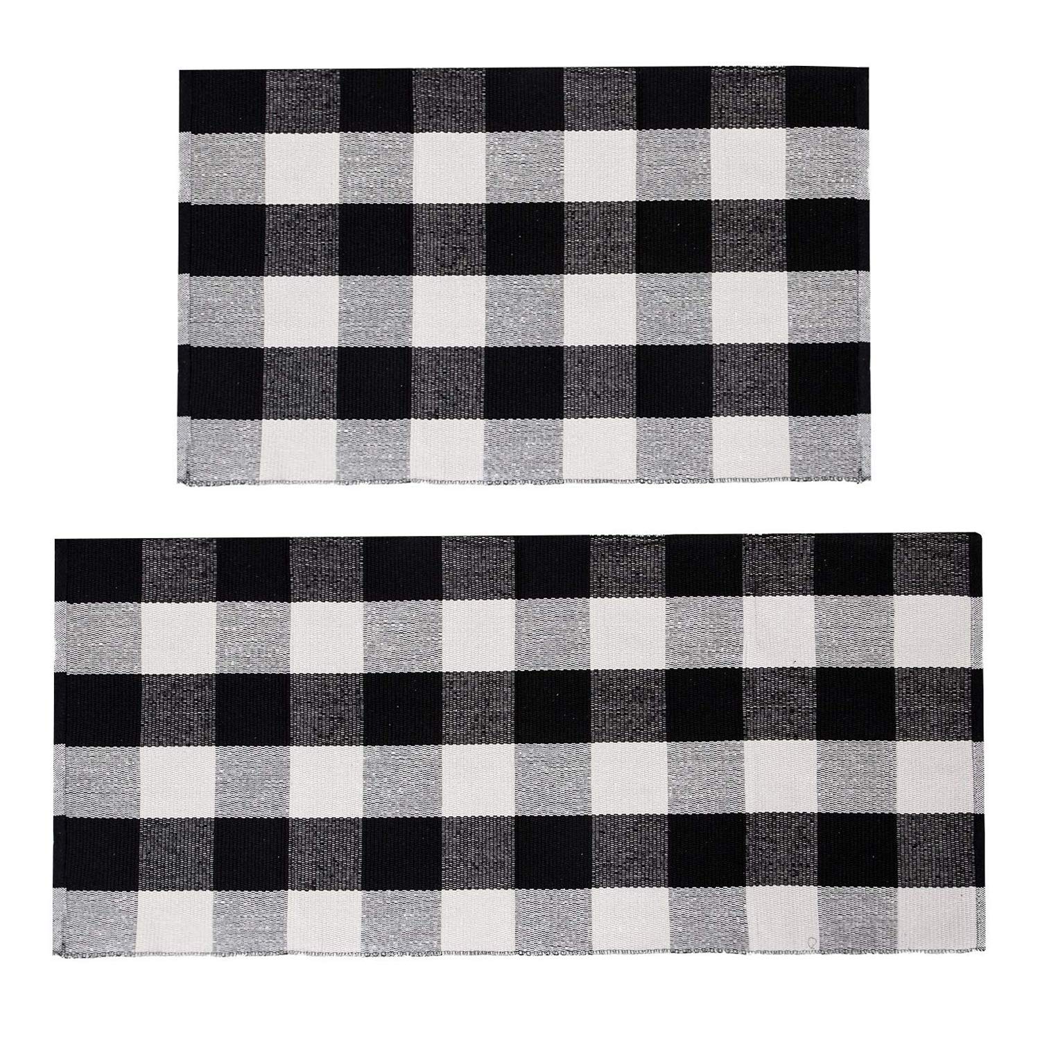 U'Artlines Buffalo Plaid Rug, Cotton Area Rug Checkered Plaid Doormat Kitchen Runner Washable Entryway for Bedroom, Kitchen, Laundry Room (2'x3'+2'x4.2', Black-White)