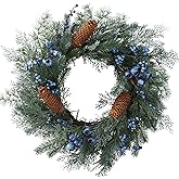 BINFEN 20 Inch Blue Berry Pine Winter Wreath with Norfolk Cypress Cedar & Pinecone- Artificial Christmas Wreaths for Front Door Porch Wall Window Porch Fireplace Outdoor Decor (20")
