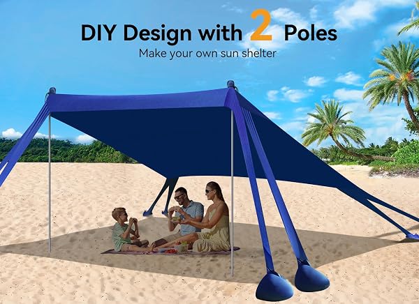VIBEMO BEACH TENT, BEACH CANOPY SUN SHADE WITH UPF50+ UV PROTECTION, 10X10FT, INCLUDES 8 SANDBAGS, SAND SHOVEL, GROUND PEGS & 4 STABILITY POLES, POP UP SUN SHELTER FOR CAMPING, PICNICS, BACKYARD FUN