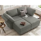 Bellfin Modular Sectional Sleeper Sofa Convertible Sofas with Storage Ottomans Small Sectional Couches for Living Room. Light Grey Couch