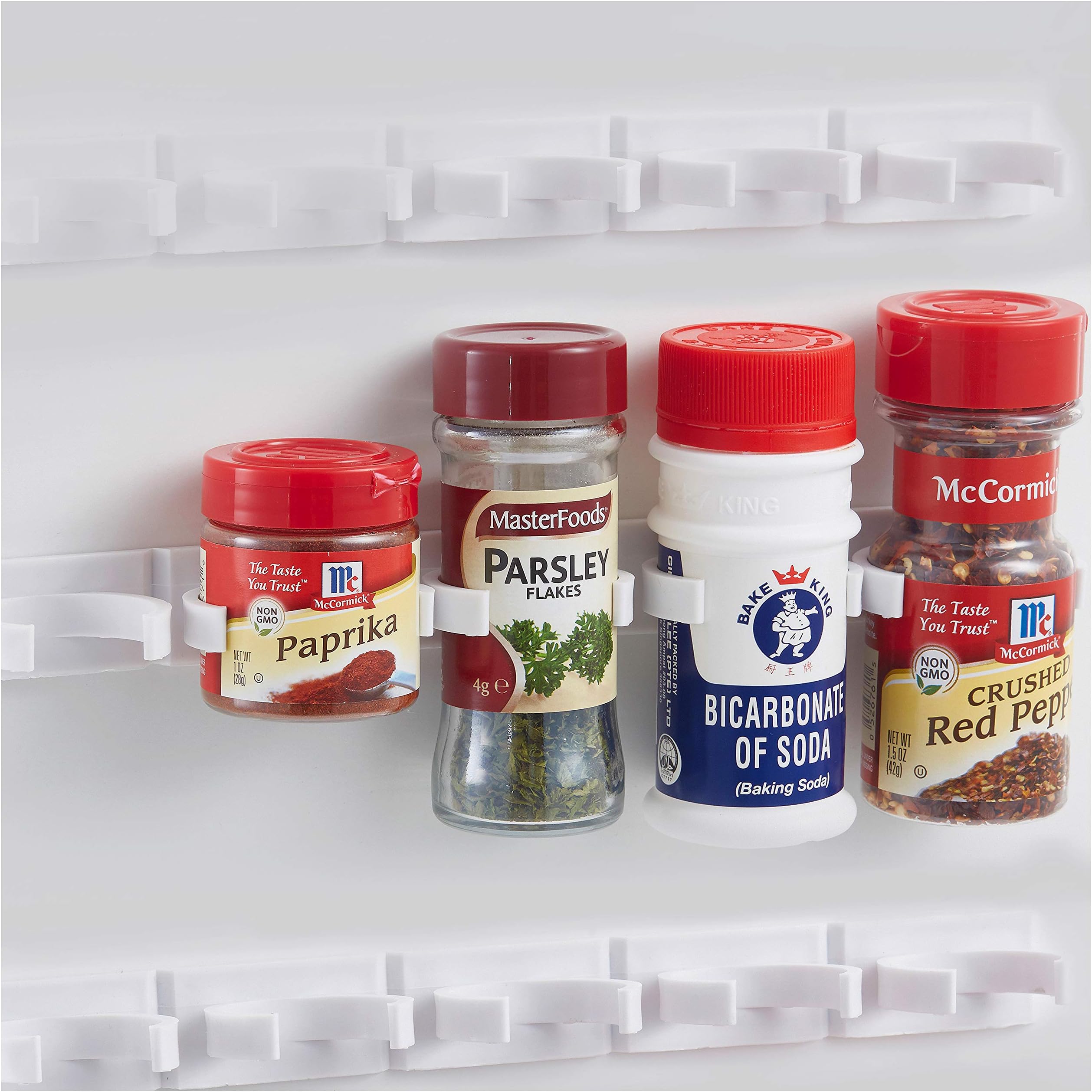 5 Pack Adhesive Spice Clips- Bonus Stainless Steel Measuring Spoons -Holds 25 Herb and Spice Jars