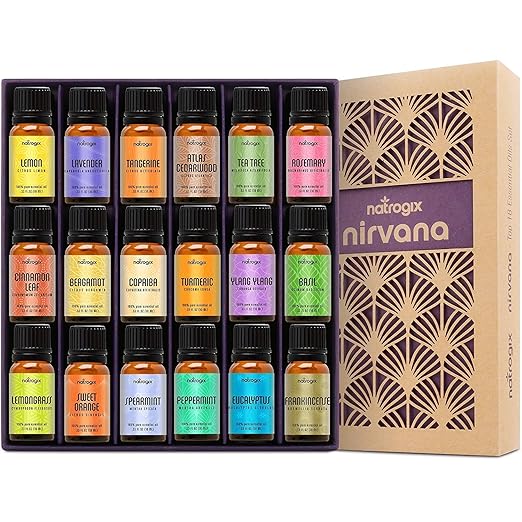 Natrogix Nirvana Essential Oils - Top 18 Essential Oil Set 100% Pure Therapeutic Grade 18/10ml Incl. Lavender, Moroccan Rosemary, Tea Tree, Eucalyptus, Lemongrass and 13 More w/Free E-Book best essential oil kits Natrogix Nirvana Essential Oils - Top 18 Essential Oil Set 100% Pure Therapeutic Grade 18/10ml Incl. Lavender, Moroccan Rosemary, Tea Tree, Eucalyptus, Lemongrass and 13 More w/Free E-Book best essential oil kits
